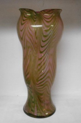Large Loetz of Austria Vase: 13" tall pink vase with metallic green décor infused into the base glass. Unsigned rough pontil attributed to Loetz of Austria.