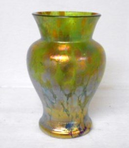 Bohemian Iridescent Vase: 4 1/4" Iridescent cabinet vase. Green base glass with oil spot iridescence. Unsigned attributed to Loetz of Austria.