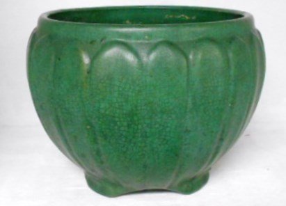 Arts and Crafts Pottery Planter: 7" diameter Arts and Crafts period green glaze planter. Unsigned attributed to Grueby.