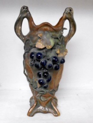 Clement Massier Grape Vase: 11" tall Iridescent vase with applied grape motif. Unsigned attributed to French master Clement Massier.