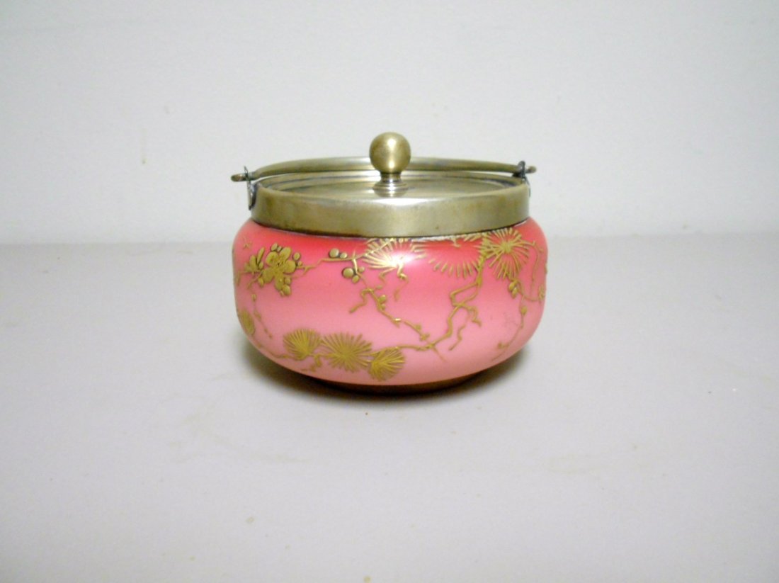 T. Webb Sweetmeat: 3" tall enameled sweet meat with metal collar, lid, and handle unsigned attributed to Thomas Webb.