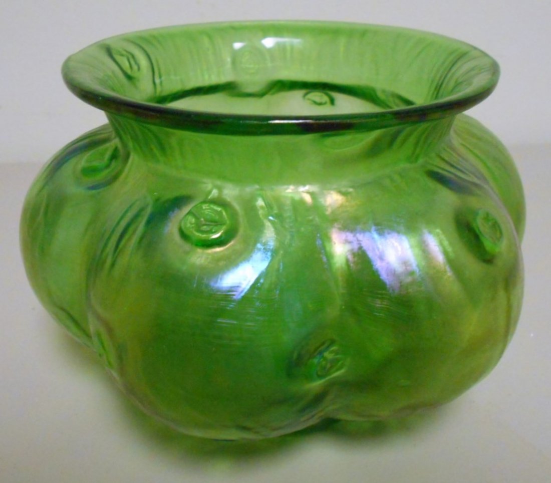 Loetz Bowl: 4 1/2" tall 6" diameter iridescent green bowl attributed to Loetz. Unsigned polished pontil