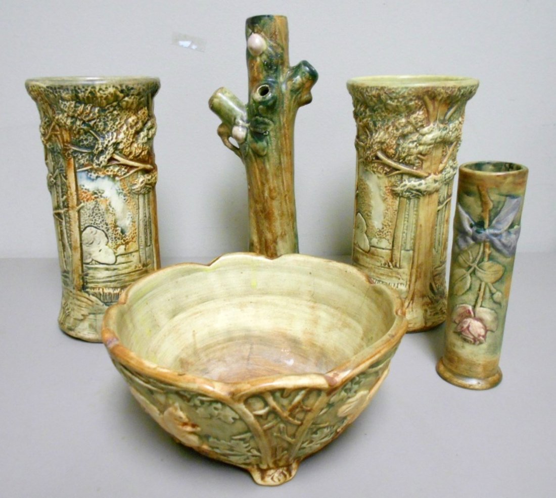 Picker's Lot of Weller: 5 pieces of Weller pottery for one price. 2 Weller forest vases 8 1/4" tall incised block Weller mark, 7" Weller Squirrel bowl Rare, 10" tall Weller apple tree vase, 6 1/4" tall Weller bud vase with r