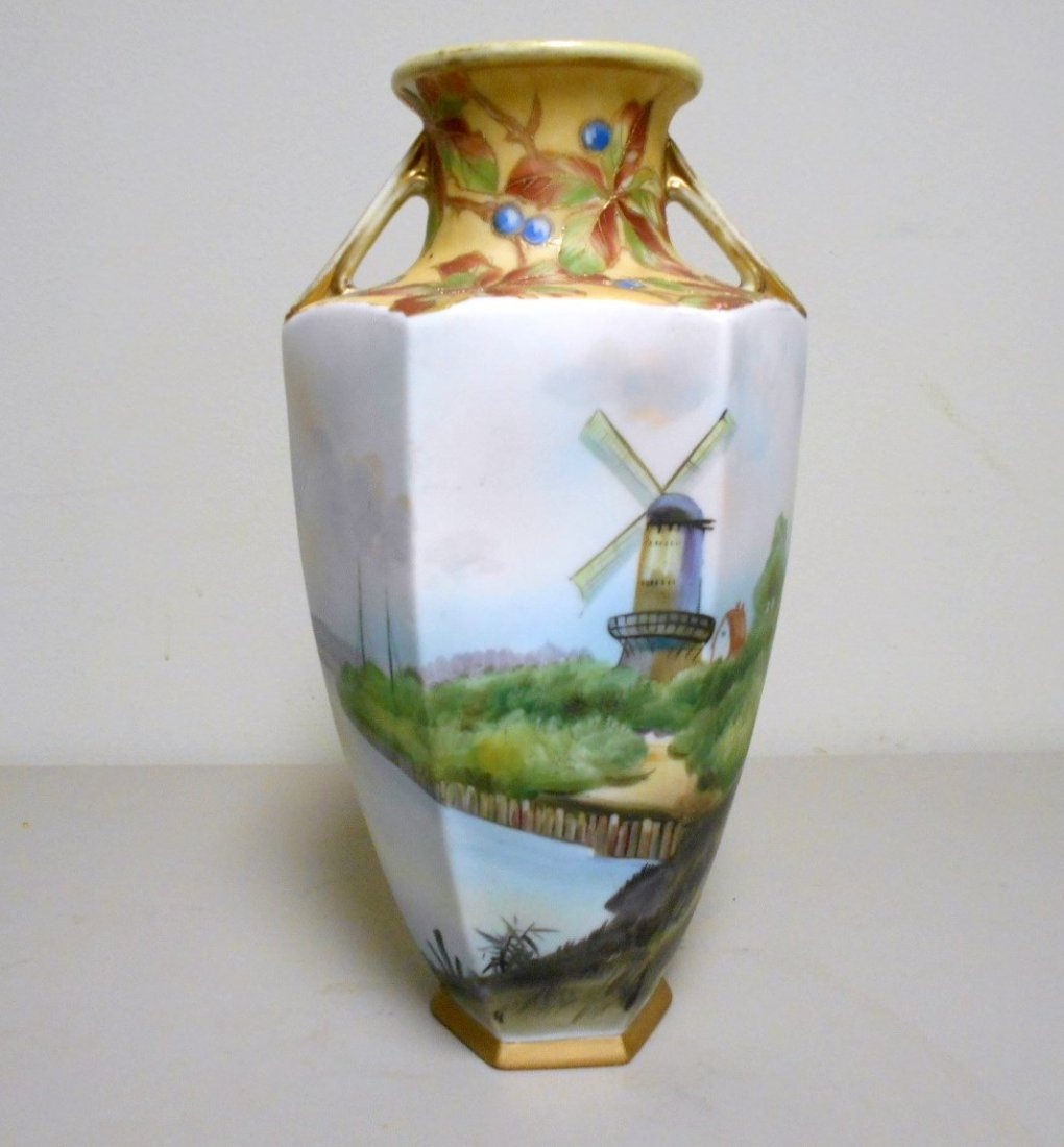 Nippon Vase: 12 1/2" vase with windmill scene. Signed Moro Mora green wreath mark.