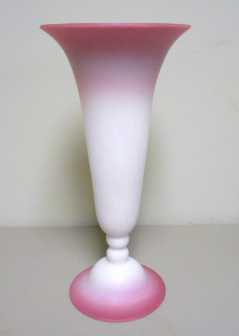 Gunderson Peachblow Vase: Large 11 7/8" tall peachblow trumpet vase. Satin finish with deep rich coloring. Unsigned attributed to Gunderson.