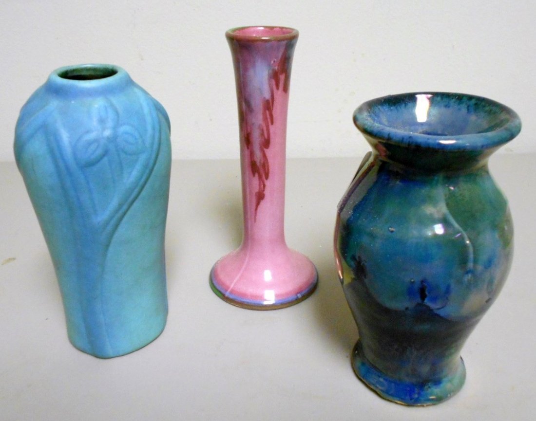 Picker's Lot of Art Pottery: 3 pieces of art pottery for one price. 5 1/4" Pewabic pottery green and blue iridescent glaze incised Pewabic on base. 6" Weller Juno drip pink vase signed Weller Pottery on base. 5 7/8" Van Briggle t