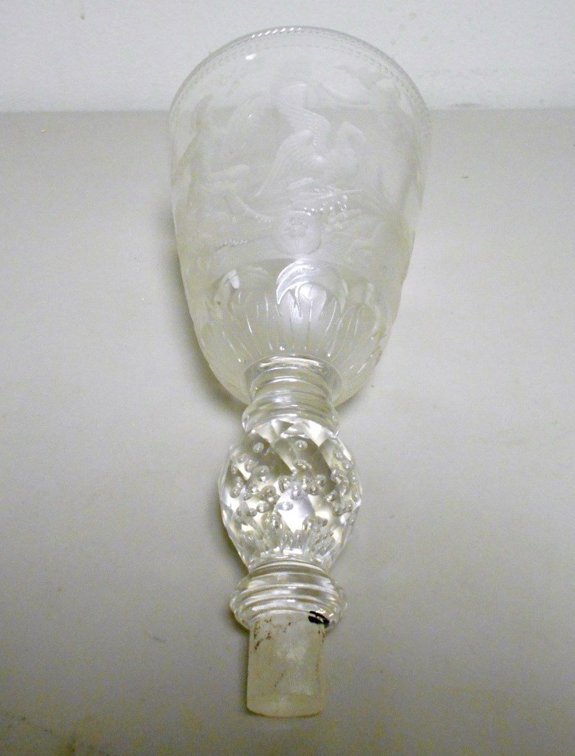 Bohemian Intaglio Cut Epergne Stem: Large 10 1/2" deeply intaglio cut Epergne stem. Magnificent Chariot, warrior, an Phoenix motif fighting a flying Mercury holding a Kaduce and a banner reading sieuberwindes. Facet cut ball with trappe