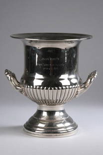 AMERICAN SILVER PLATED WINE COOLER. 20th century.: AMERICAN SILVER PLATED WINE COOLER. 20th century. Of campana form, engraved "Leonard Bernstein - Richard Tucker Music Foundation/January 15, 1984" - 10 1/4 in. high. From the Estate of Leonard Berns