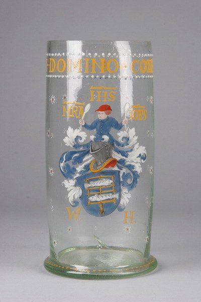 BOHEMIAN HISTORISMUS ENAMELLED CLEAR GLASS HUMPEN.: BOHEMIAN HISTORISMUS ENAMELLED CLEAR GLASS HUMPEN. late 19th century. Cylindrical form, body enamelled with initials MRA IHS IOES over figural armorial crest with helmet and shield with two fish, init