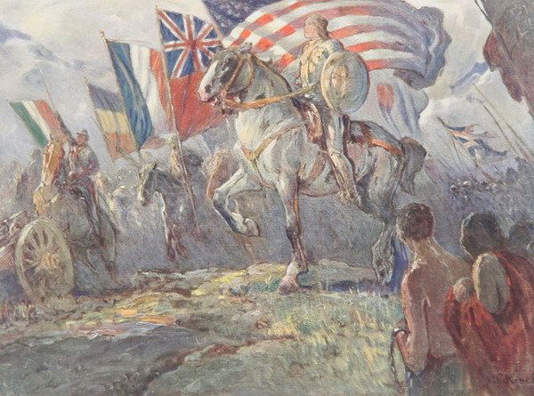 WILLIAM FREDERICK RITSCHEL. (American, 1864-1949).: WILLIAM FREDERICK RITSCHEL. (American, 1864-1949). JOAN OF ARC LEADING THE ALLIES, 43 mechanical color reproductions mounted on heavy paper. Each pencil signed lower right. Unframed - 7 3/8 in. x 10 i