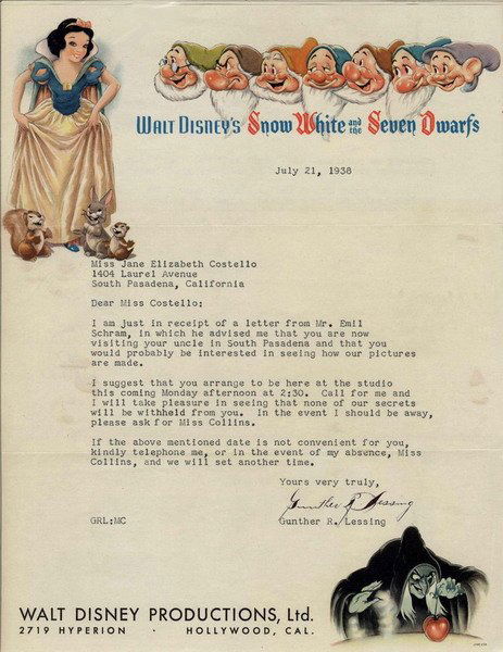 WALT DISNEY PRODUCTIONS, LTD. "SNOW WHITE AND THE: WALT DISNEY PRODUCTIONS, LTD. "SNOW WHITE AND THE SEVEN DWARFS" LETTERHEAD STATIONERY WITH LETTER. Graphics depict Snow White, Seven Dwarfs, and Witch with apple. Typed letter, dated July 21, 1938, fr