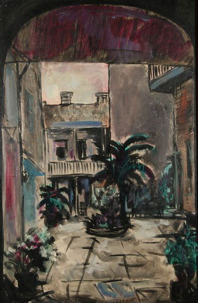PASCAL CUCARO (American, 1915-2004). SAN FRANCISC: PASCAL CUCARO (American, 1915-2004). SAN FRANCISCO COURTYARD, Oil on canvas. Signed lower center. - 36 in. x 23 3/4 in.