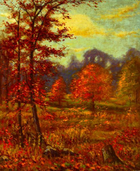 HUGO MELVILLE FISHER (American, 1876-1946). AUTUM: HUGO MELVILLE FISHER (American, 1876-1946). AUTUMN LEAVES FALLING, Signed lower right. Oil on canvas. - 30 in. x 36 in.