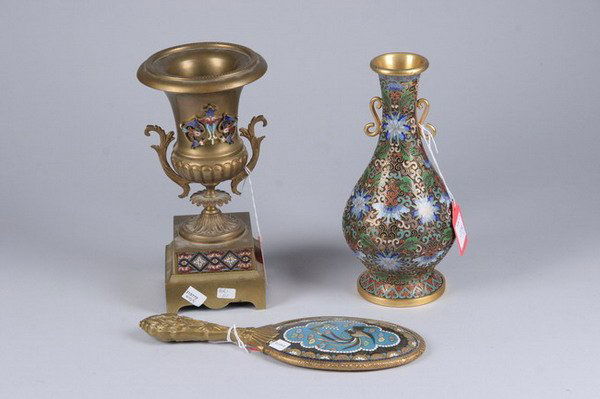 THREE PIECES CHAMPLEV? AND ENAMEL. - Largest: 8 1: THREE PIECES CHAMPLEV? AND ENAMEL. Hand mirror; Chinese vase; French urn and tray - Largest: 8 1/2 in. high. Tray and easelback mirror are not included in this lot.