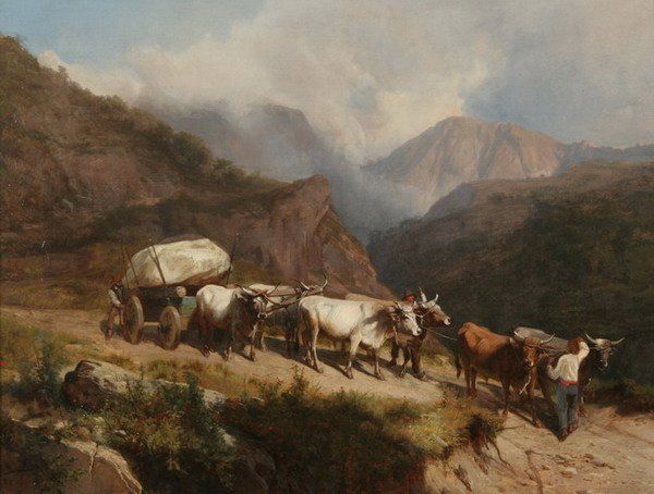ANDREAS MARKO (Austrian, 1824-1895). OXEN TEAM PU: ANDREAS MARKO (Austrian, 1824-1895). OXEN TEAM PULLING WAGON, signed center left. Oil on canvas - 27 1/4 in. x 36 in.