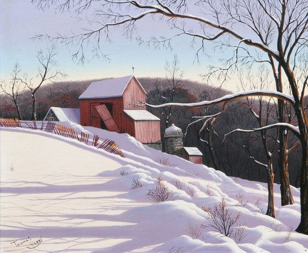 THOMAS KERRY (American, 20th century). RED BARN IN: THOMAS KERRY (American, 20th century). RED BARN IN THE SNOW, signed lower left. Oil on board - 20 in. x 24 in.