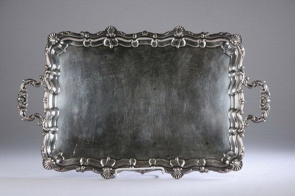 SILVER PLATED SERVING TRAY. - 30 1/4 in. long, wit