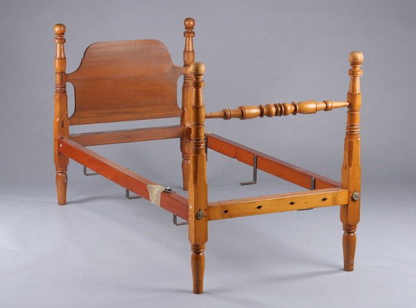 PAIR AMERICAN MAPLE CANNON-BALL FOUR POSTER BEDS,: PAIR AMERICAN MAPLE CANNON-BALL FOUR POSTER BEDS, early 19th century. Rectangular head and foot boards raised on well-turned posts with balls, rings, and urns; peg feet. - 47 1/2 in. x 81 in. x 39 in.