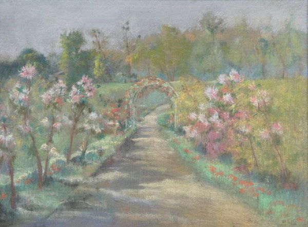ERNEST QUOST (French, 1844-1931). THE PARISIAN GA: ERNEST QUOST (French, 1844-1931). THE PARISIAN GARDEN, initialed lower right. Pastel on canvas - 21 1/4 in. x 38 3/4 in. A teacher of Montezin, Ernest Quost exhibited to wide acclaim at the Salon de