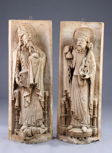 PAIR FRENCH PLASTER-CAST CATHEDRAL FIGURES OF SAIN