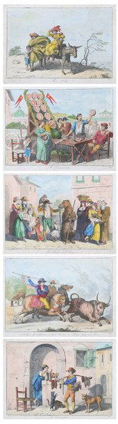 BARTOLOMEO PINELLI (Italian, 1781-1835). IL BALLO: BARTOLOMEO PINELLI (Italian, 1781-1835). IL BALLO DELL ORSO and IL CARNECCIAVO and IL COCOMMEVAVO and CAVALCATUVE CHE CONDUCONO LE BESTIE BOVINVE IN ROMA PER MACELLAVE and TIVA VENTO: FIVE WORKS, all