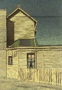 HARRY ALLEN DAVIS (American, b. 1914). THE YELLOW: HARRY ALLEN DAVIS (American, b. 1914). THE YELLOW HOUSE ON THE CORNER, signed lower right. Watercolor. - Sight: 33 1/2 in. x 23 1/2 in. Works by this artist are in the collections of the Butler Instit