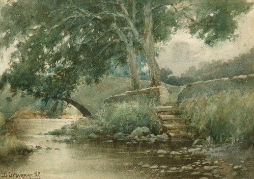 DAVID SCOTT MURRAY (Scottish, 1866 - 193: DAVID SCOTT MURRAY (Scottish, 1866 - 1935). Bridge Over Brook, Signed and dated l.l. "D.S. Murray '97". Watercolor under glass - 10 x 14 in.