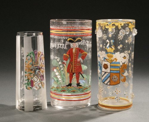 TWO BOHEMIAN GLASS HUMPEN AND A PRESENT: TWO BOHEMIAN GLASS HUMPEN AND A PRESENTATION TANKARD. One with a portrait of Johann Balldin von Bizzach; one with applied prunts and coat-of-arms; the last signed, 'C. Werner/Heidelberg' and with insc