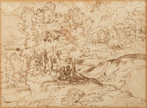 SCHOOL OF ANNIBALE CARRACCI (It., 1560: SCHOOL OF ANNIBALE CARRACCI (It., 1560 - 1609). Figures under Trees, Pen and ink. Label verso (Collections W. Russell, R. Dumesnil, Ex. Collections W. Russell 1 800-48 LUGT 2648 & 'RD' A.P.F. Robert-D