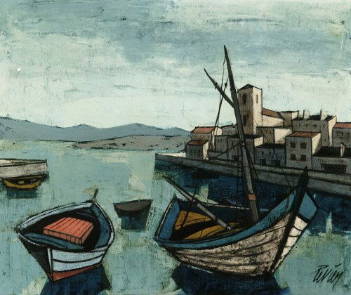 CHARLES LEVIER (Fr., b. 1920). "Port: CHARLES LEVIER (Fr., b. 1920). "Port of St. Jacut (?)", Signed l.r., signed and titled on reverse. Oil on canvas - 24 x 28 1/2 in.