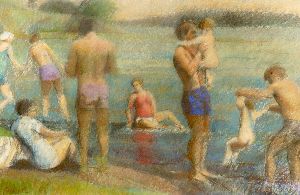 THOMAS CORNELL (American, b. 1937). STUDY FOR BAT: THOMAS CORNELL (American, b. 1937). STUDY FOR BATHERS, signed lower left '88. Pastel on paper. - Sight: 21 in. x 29 in.