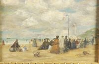 SCHOOL OF LOUIS EUGENE BOUDIN (France, 1824-1898): SCHOOL OF LOUIS EUGENE BOUDIN (France, 1824-1898). SUR LA PLAGE, oil on panel - 12 in. x 15 1/2 in.