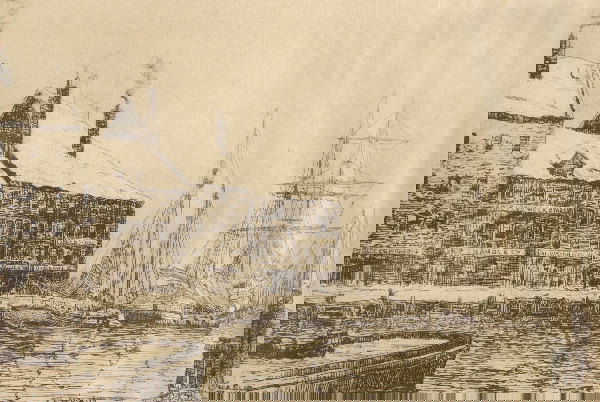 FREDERICK LEO HUNTER (American, mid-20th century).: FREDERICK LEO HUNTER (American, mid-20th century). PECK SLIP, NEW YORK, NY, 1879, signed lower right. Etching - Sight: 10 in. x 12 3/4 in.