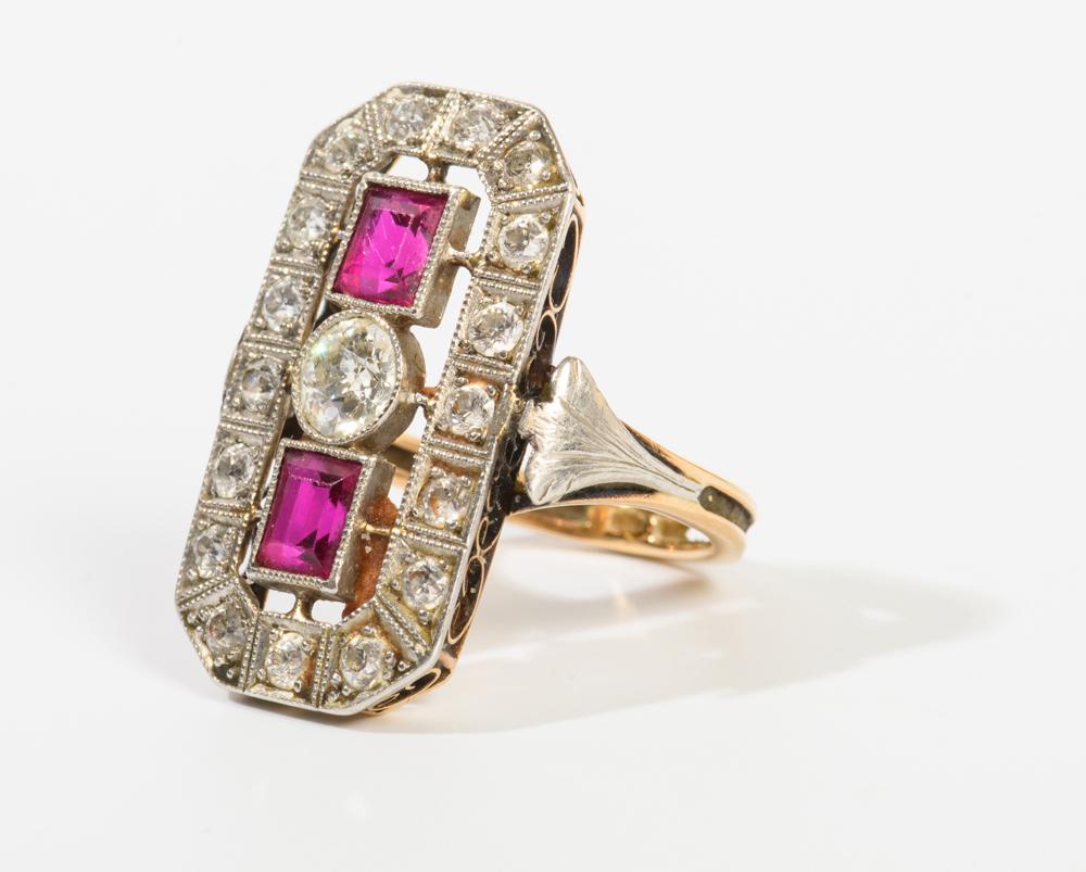 ART DECO PLATINUM-ON-YELLOW GOLD, DIAMOND & RUBY RING (1 of 1)