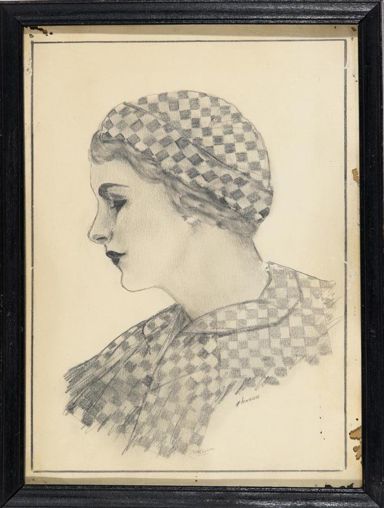 HENSON (American, 20th Century). Woman wearing Missoni,: HENSON (American, 20th Century). Woman wearing Missoni, Detailed pencil drawing. Pencil signed and dated. Framed. Not examined out of frame. - 10.5 x 7.5 in; frame: 11.5 x 8.5 in