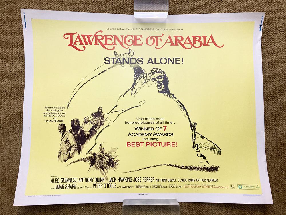 "LAWRENCE OF ARABIA" HALF SHEET MOVIE POSTER.: "LAWRENCE OF ARABIA" HALF SHEET MOVIE POSTER. PROVENANCE: Acquired by the present owner, a motion picture executive, during the 1960s and 1970s.