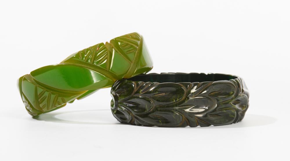 TWO GREEN CARVED BAKELITE BANGLE BRACELETS, (1 of 1)