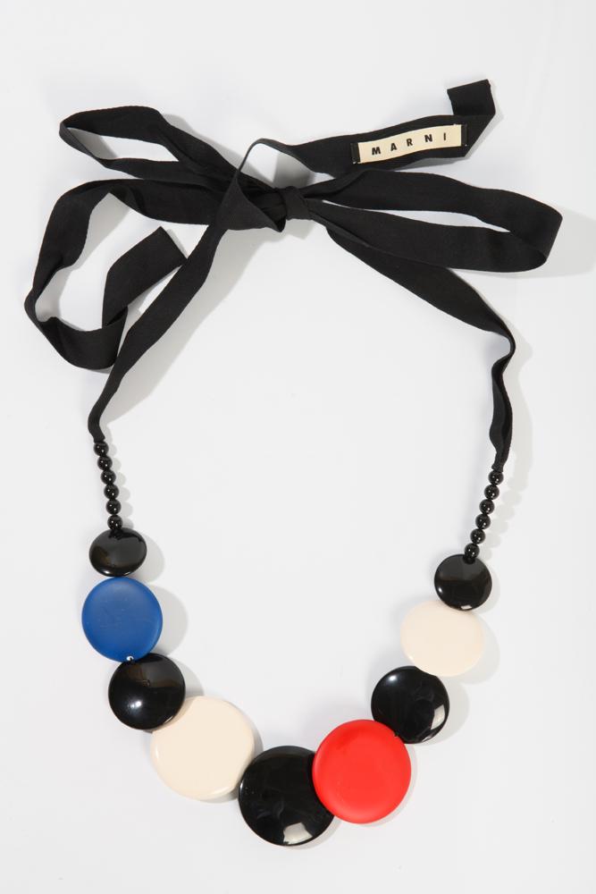 MARNI CONTEMPORARY RESIN OR PLASTIC NECKLACE,: MARNI CONTEMPORARY RESIN OR PLASTIC NECKLACE. Red, white, blue and black discs of varying sizes strung on black plastic ribbon