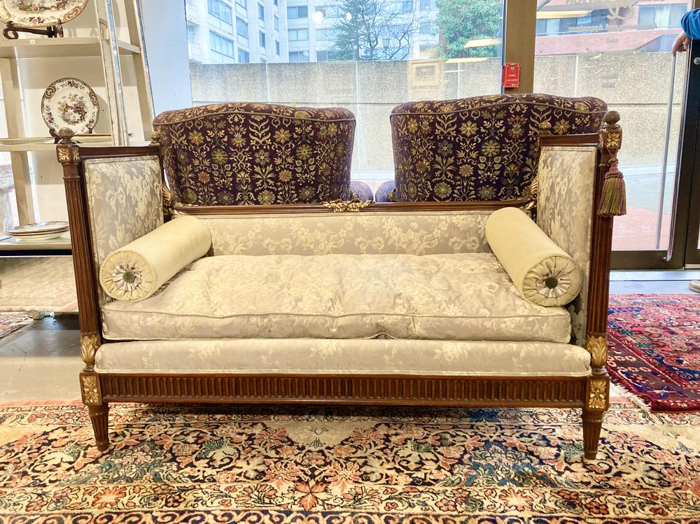 LOUIS XVI-STYLE LIT D'ALCOVE,: LOUIS XVI-STYLE LIT D'ALCOVE. Taupe damask upholstery and two bolster cushionsW: app. 54 1/2 in.; D: app. 25 1/2 in.; H: app. 35 1/2 in.