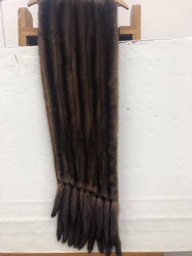 TRIOLOGY BROWN KNITTED FUR SHAWL, FRINGED EDGES NEED: TRIOLOGY BROWN KNITTED FUR SHAWL, FRINGED EDGES NEED REPAIR.