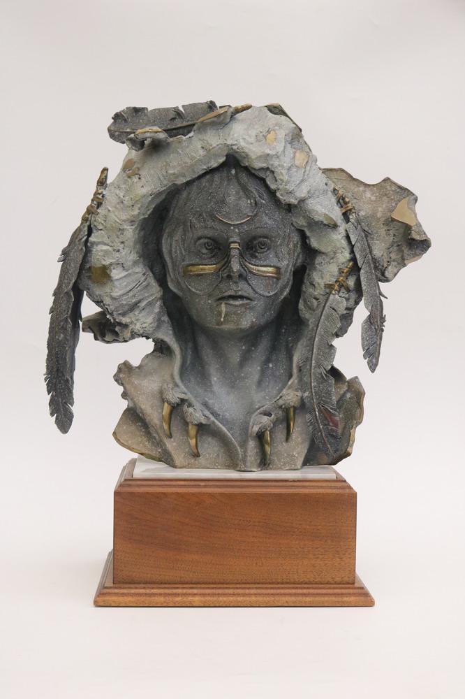 NICHOLAS D. MOFFETT (American, 20th Century).: NICHOLAS D. MOFFETT (American, 20th Century). Native American Figure, 1992, Bronze statue on a wood base. Signed "Moffett," numbered 1/1 and with a copyright 1992. Bronze statue stands on a black marb