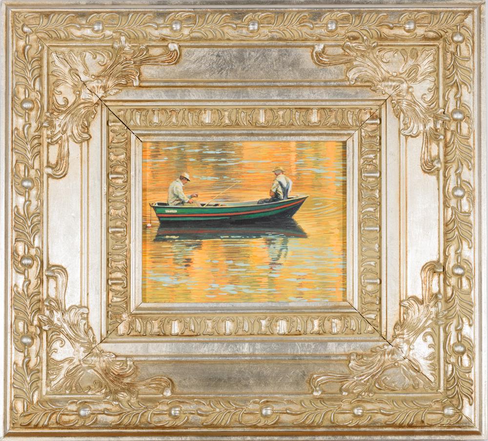 HARRY E. BUCKLEY (Am. 1930-2010) Pennsylvania Fisherman: HARRY E. BUCKLEY (American, 1930 - 2010). Pennsylvania Fishermen, Oil on Board. Signed lower left hand corner. Framed. . - 7.5 x 9.5 in; frame: 20 x 22.5 in
