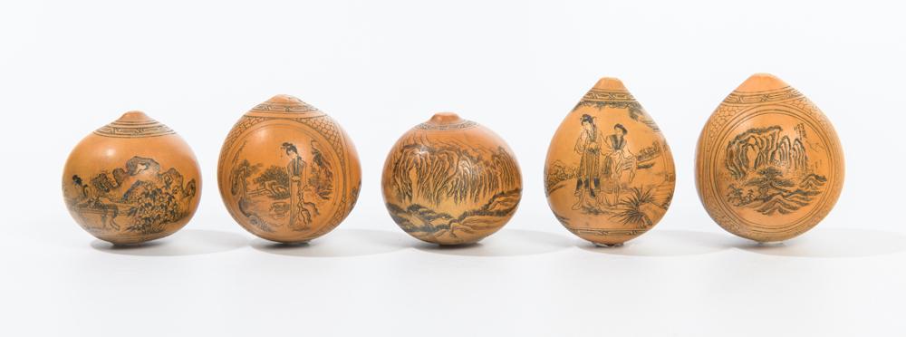 CHINESE MINIATURE CARVED TRADITIONAL LANZHOU ENGRAVED: CHINESE MINIATURE CARVED TRADITIONAL LANZHOU ENGRAVED GOURDS, 20th Century. Set of 5 finely carved miniature globular gourds which is a traditional folk art dating back to Qing Dynasty (1644-1912 A.D.