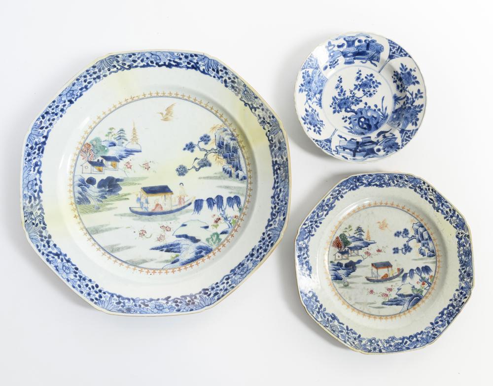 THREE PIECES CHINESE BLUE AND WHITE PORCELAIN, 18th: THREE PIECES CHINESE BLUE AND WHITE PORCELAIN, 18th century. Octagonal charger with matching plate, having scene of lagoon, and bowl with flowering trees and precious objects - Charger, D: 14 in.