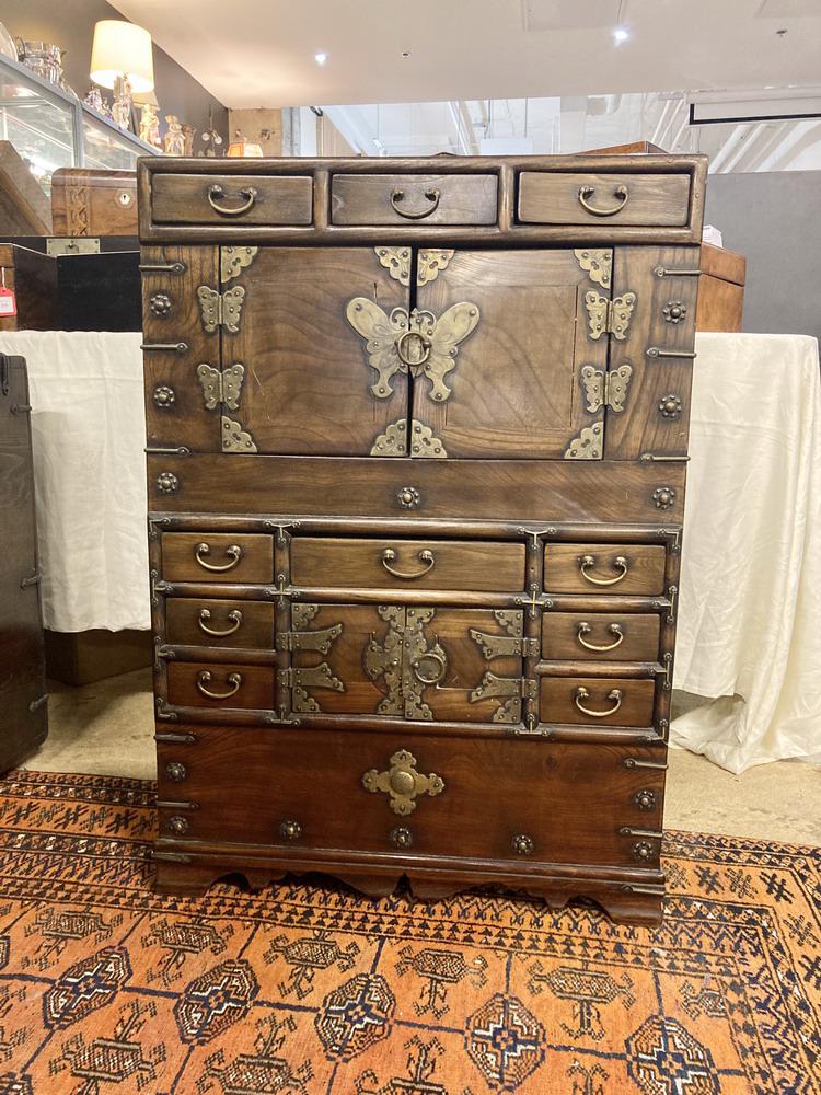 KOREAN ELMWOOD BRASS-MOUNTED SMALL TANSU, - H: 34 in.; (1 of 6)