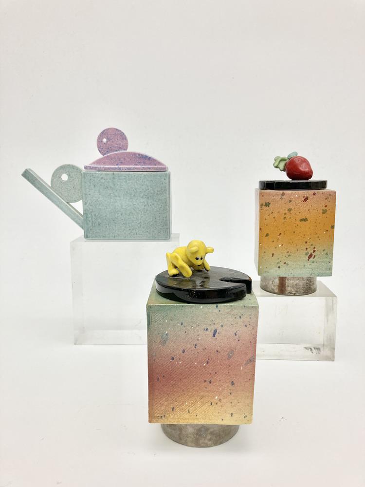 PETER SHIRE. (American, born 1947). Blue pot, Jam Box: PETER SHIRE. (American, born 1947). Blue pot, Jam Box and Winnie the Pooh Honey Box, Glazed teapot with lid hand-signed "Shire 81" together with two glazed jars: marmalade or jam box and "Winnie the P