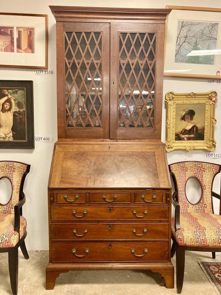 ANTIQUE WALNUT BOOKCASE DESK, in two parts. - H: 90 in.; (1 of 20)