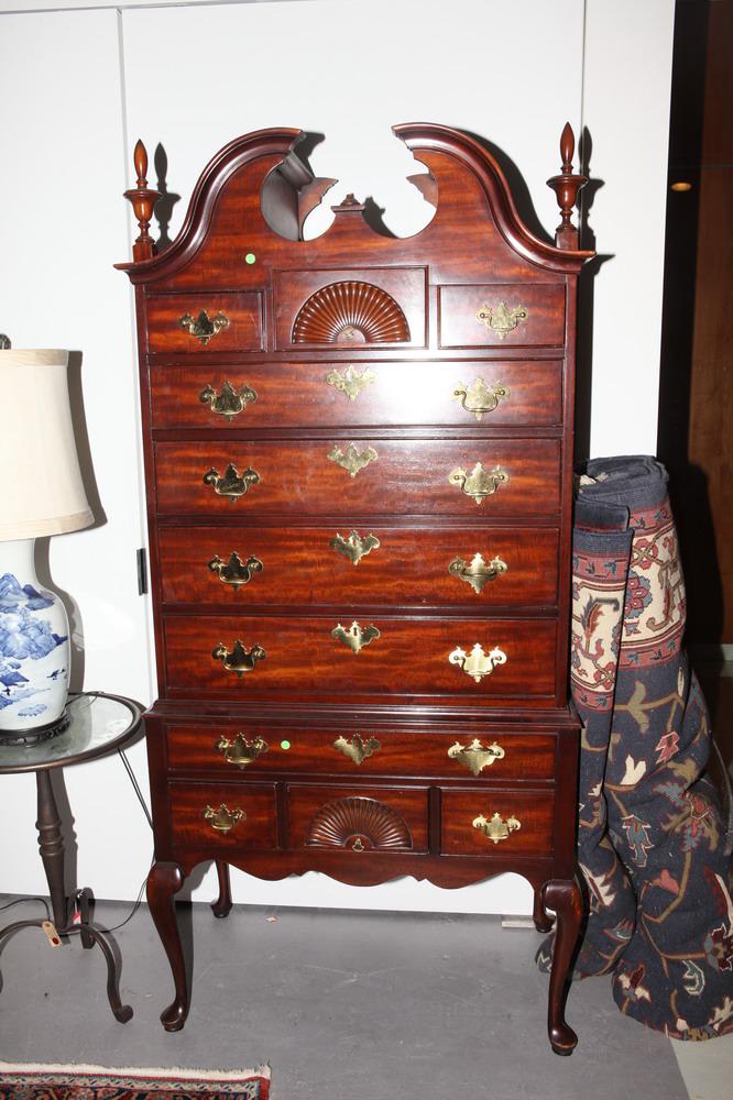 QUEEN ANNE/CHIPPENDALE STYLE CARVED MAHOGANY HIGHBOY, - (1 of 1)