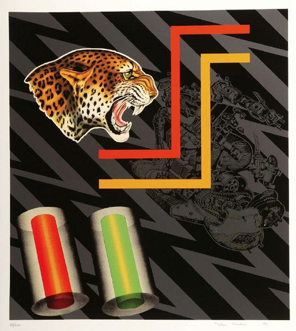 THREE 20TH CENTURY PRINTS: PETER PHILLIPS: THREE 20TH CENTURY PRINTS: PETER PHILLIPS (English, b. 1939), UNTITLED [JAGUAR HEAD & ENGINE BLOCK 70], pencil signed and numbered 69/3000. Screen print, ALAIN JACQUET (French, b. 1939), UNTITLED [COL