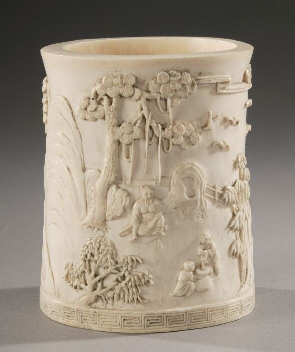 A CHINESE IVORY BRUSH POT, Qianlong mark